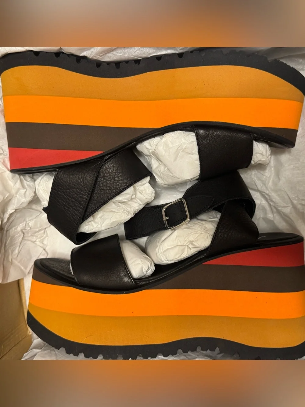 Free People Black Leather Platform Sandals with Multicolor Striped Wedge